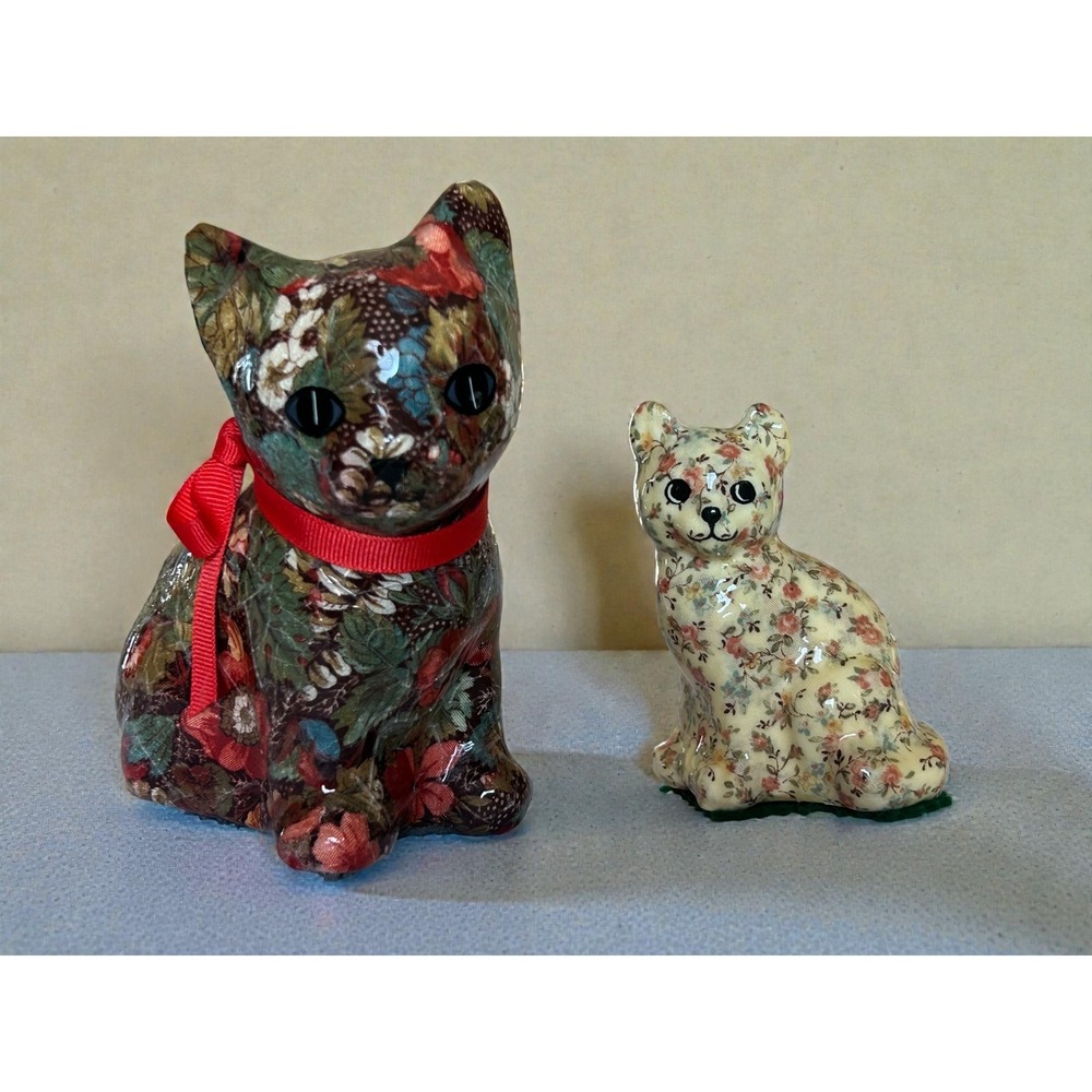 Vintage Chintz Cat Figurines Floral Fabric Decoupage 1970s‎ Joan Baker Designs